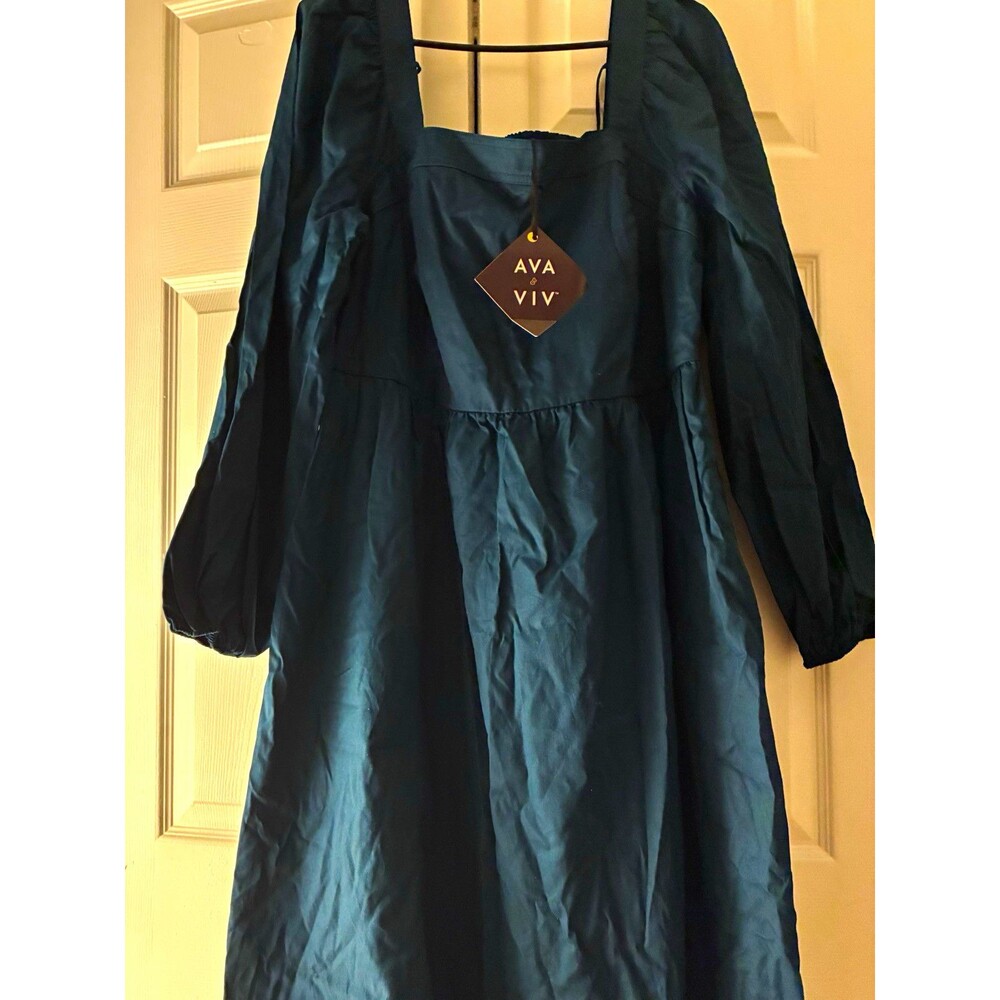 Ava & Viv Blue Solid Square Neck Smocked Puff Long Sleeve Long Dress 1X